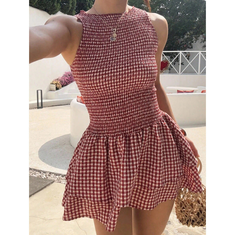 🌷Solange der Vorrat reicht 40 % Rabatt!🌷Ärmelloses Minikleid aus Gingham-Stoff mit Smok-Details – Kostenloser Versand ab zwei Stück
