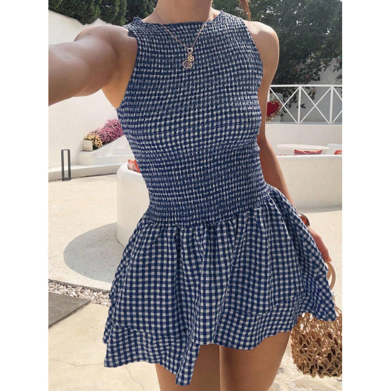 🌷Solange der Vorrat reicht 40 % Rabatt!🌷Ärmelloses Minikleid aus Gingham-Stoff mit Smok-Details – Kostenloser Versand ab zwei Stück