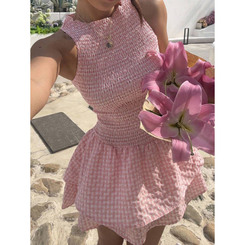 🌷Solange der Vorrat reicht 40 % Rabatt!🌷Ärmelloses Minikleid aus Gingham-Stoff mit Smok-Details – Kostenloser Versand ab zwei Stück