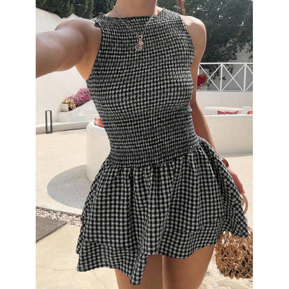 🌷Solange der Vorrat reicht 40 % Rabatt!🌷Ärmelloses Minikleid aus Gingham-Stoff mit Smok-Details – Kostenloser Versand ab zwei Stück