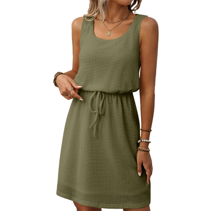👗🔥Ärmelloses Damenkleid in Waffelpiqué 🎀Taillen Kordelzug für perfekte Passform✨