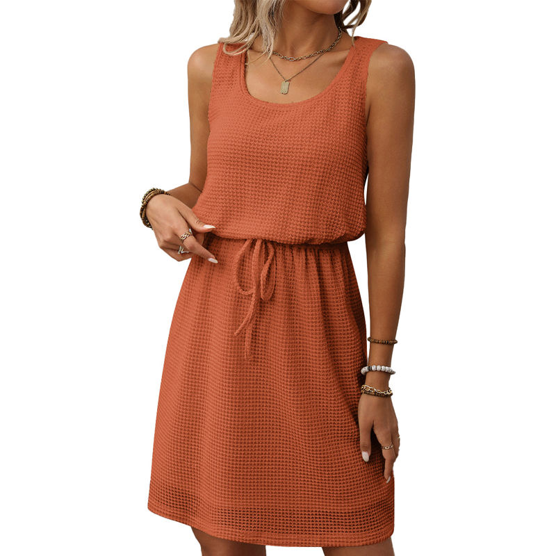 👗🔥Ärmelloses Damenkleid in Waffelpiqué 🎀Taillen Kordelzug für perfekte Passform✨