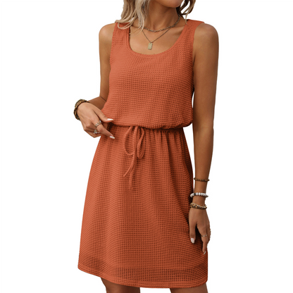 👗🔥Ärmelloses Damenkleid in Waffelpiqué 🎀Taillen Kordelzug für perfekte Passform✨