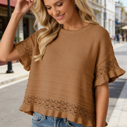 🌸 Kurzärmeliges Strickoberteil mit Rüschen für Damen ✨