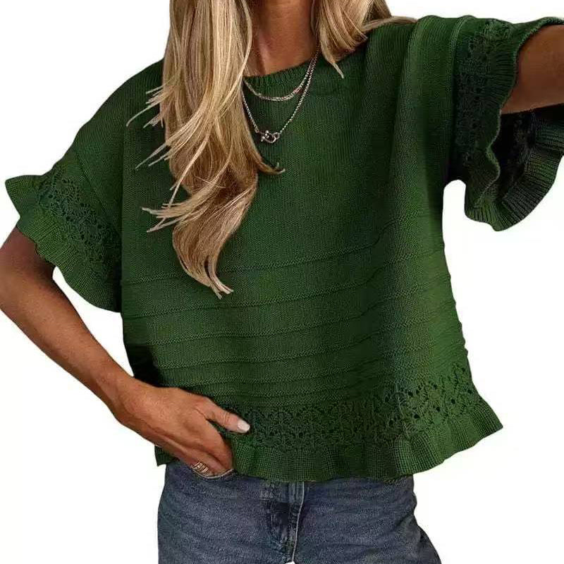 🌸 Kurzärmeliges Strickoberteil mit Rüschen für Damen ✨