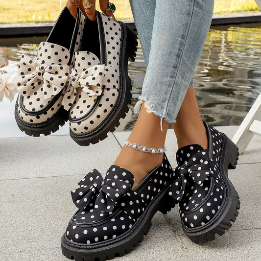 📢📢50% RABATT !! ⏰ Damen-Loafers mit Tupfenmuster, Schleife und Plateausohle