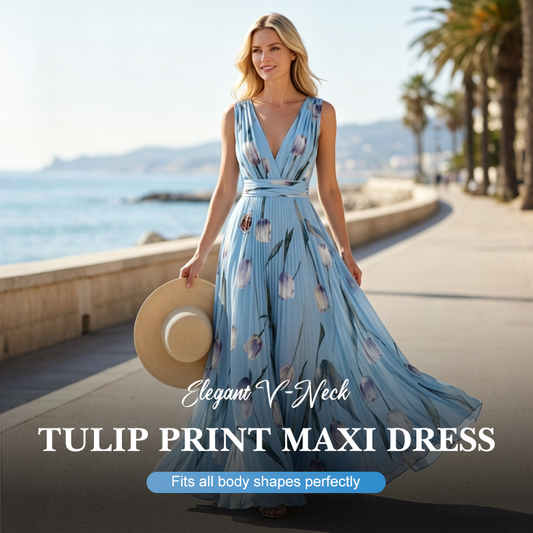 👗 50% RABATT! 🌼 Elegantes V-Ausschnitt Maxikleid mit Tulpenprint – Zeitlos, feminin, leicht & luftig – perfekt für Sommer, Urlaub oder besondere Anlässe ✨