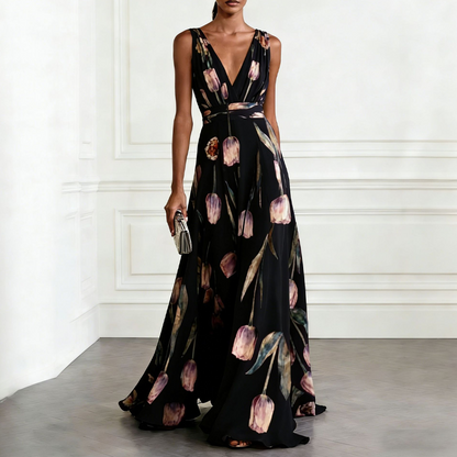 👗 50% RABATT! 🌼 Elegantes V-Ausschnitt Maxikleid mit Tulpenprint – Zeitlos, feminin, leicht & luftig – perfekt für Sommer, Urlaub oder besondere Anlässe ✨
