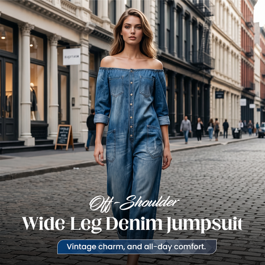 👖🔥 50% RABATT 🌬️ Off-Shoulder Denim-Jumpsuit – luftiger Schnitt, weitem Bein & perfekter Sommer-Look ✨ Strand & Stadt im Style