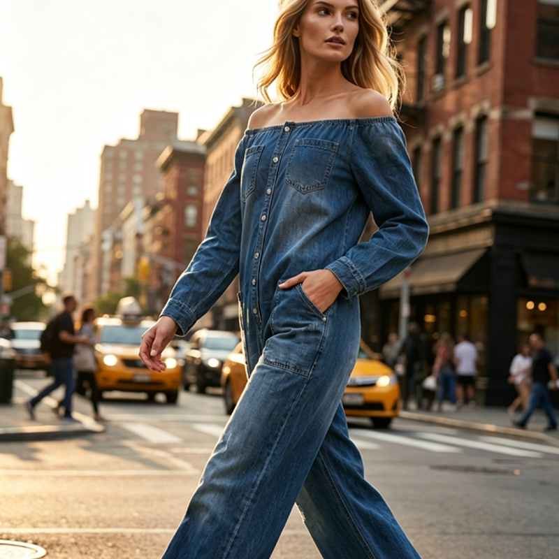👖🔥 50% RABATT 🌬️ Off-Shoulder Denim-Jumpsuit – luftiger Schnitt, weitem Bein & perfekter Sommer-Look ✨ Strand & Stadt im Style