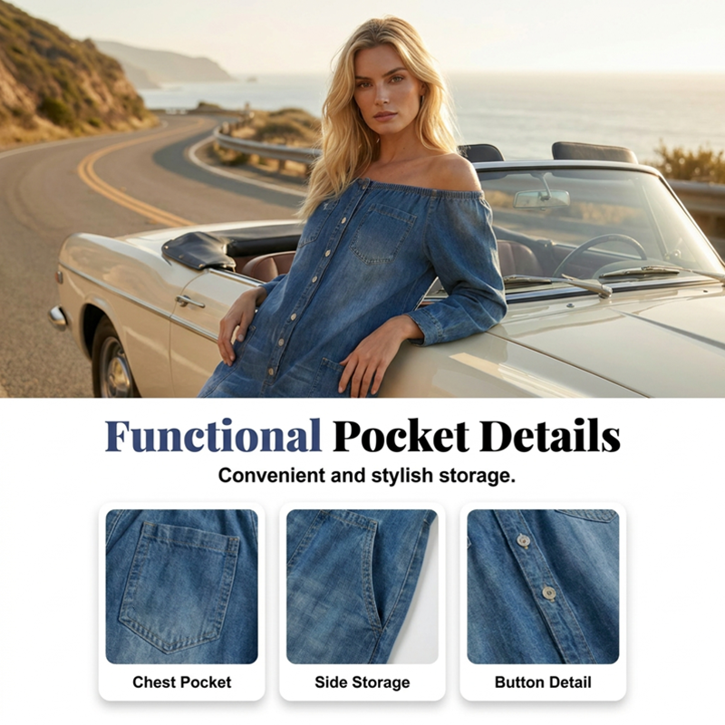 👖🔥 50% RABATT 🌬️ Off-Shoulder Denim-Jumpsuit – luftiger Schnitt, weitem Bein & perfekter Sommer-Look ✨ Strand & Stadt im Style