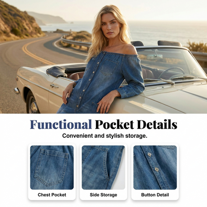 👖🔥 50% RABATT 🌬️ Off-Shoulder Denim-Jumpsuit – luftiger Schnitt, weitem Bein & perfekter Sommer-Look ✨ Strand & Stadt im Style