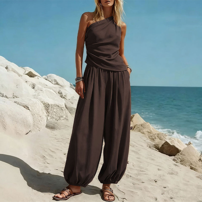 💃50% RABATT Elegantes Damen-Set Ein-Schulter-Top & Weite Hose🌸