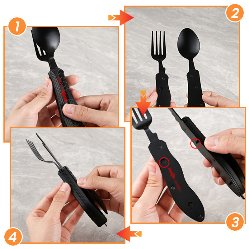🍴 4-in-1 faltbares multifunktionales Outdoor-Besteck – Löffel, Gabel, Messer & Flaschenöffner – kompakt, leicht & ideal für Camping, Wandern oder Notfalltasche 🏕️