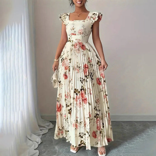 👗 Neuwaren 50% Rabatt🌸 Elegantes Blumenprint-Maxi-Kleid mit Volantärmeln & Hochwaist – Plisseerock, Quadrat-Ausschnitt, Romantisch ✨