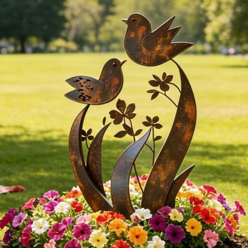 ✨🌿Gartenstecker aus Metall im rustikalen Vogel- und Blumen-Design🐦