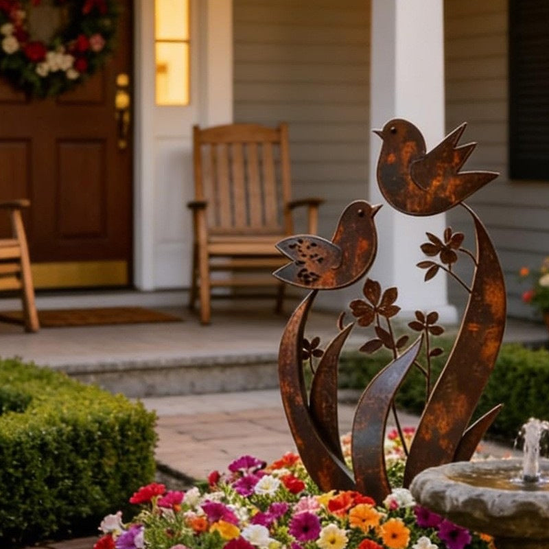 ✨🌿Gartenstecker aus Metall im rustikalen Vogel- und Blumen-Design🐦