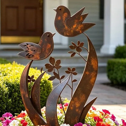 ✨🌿Gartenstecker aus Metall im rustikalen Vogel- und Blumen-Design🐦