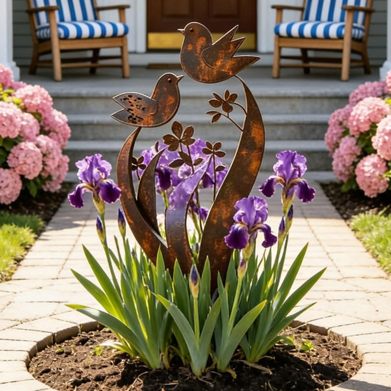 ✨🌿Gartenstecker aus Metall im rustikalen Vogel- und Blumen-Design🐦