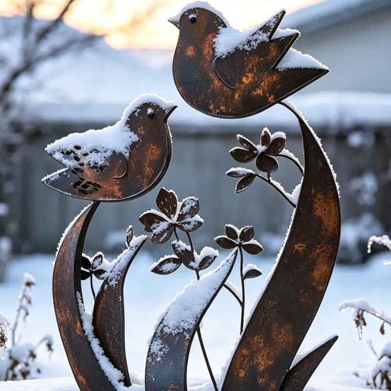 ✨🌿Gartenstecker aus Metall im rustikalen Vogel- und Blumen-Design🐦