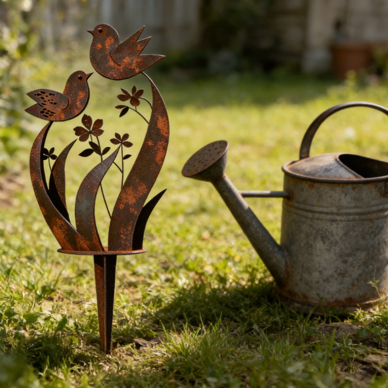 ✨🌿Gartenstecker aus Metall im rustikalen Vogel- und Blumen-Design🐦
