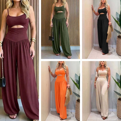 🖤Ärmelloser Jumpsuit✨Cut-out Design｜Weites Bein｜Rückseite zum Binden
