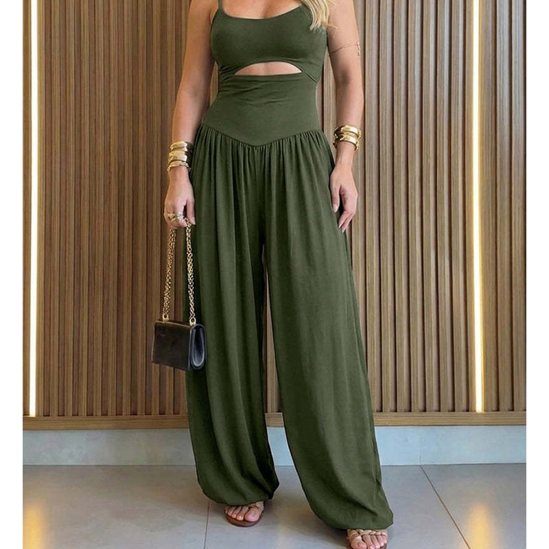 🖤Ärmelloser Jumpsuit✨Cut-out Design｜Weites Bein｜Rückseite zum Binden