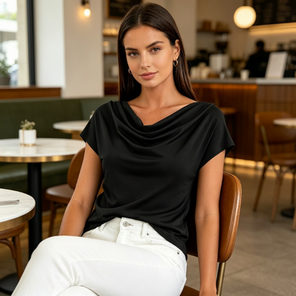 ⏰ 50 % RABATT – Nur für kurze Zeit ✨Damen Top mit Wasserfall-Ausschnitt ✨ Femininer Look & Elegante Cap-Ärmel