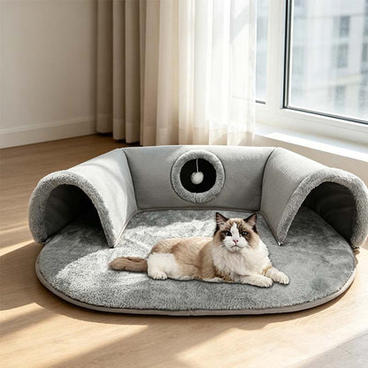 🐱 Plüsch-Katzenbett mit Tunnel 🛤️｜2-in-1 Katzenhaus