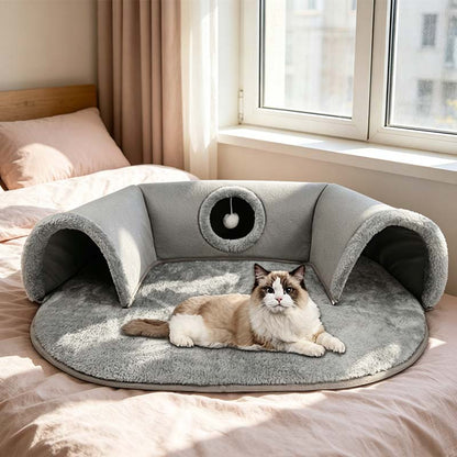 🐱 Plüsch-Katzenbett mit Tunnel 🛤️｜2-in-1 Katzenhaus