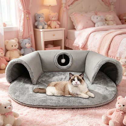 🐱 Plüsch-Katzenbett mit Tunnel 🛤️｜2-in-1 Katzenhaus