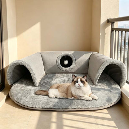 🐱 Plüsch-Katzenbett mit Tunnel 🛤️｜2-in-1 Katzenhaus