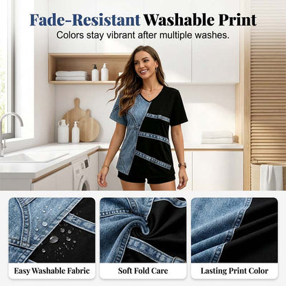 👕 Damen-T-Shirt mit V-Ausschnitt und schickem Denim-Print ✨