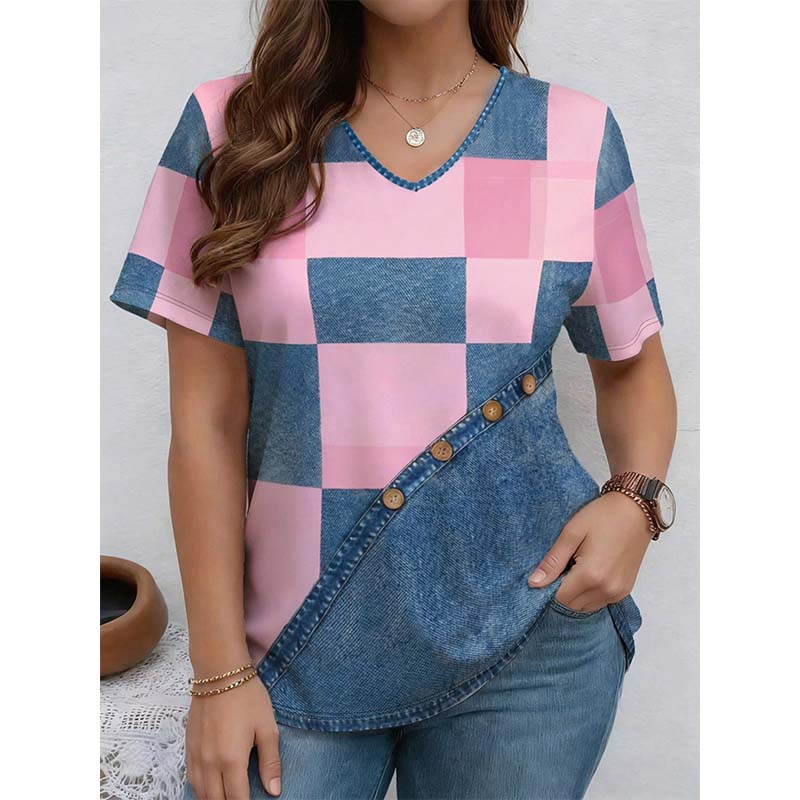 👕 Damen-T-Shirt mit V-Ausschnitt und schickem Denim-Print ✨