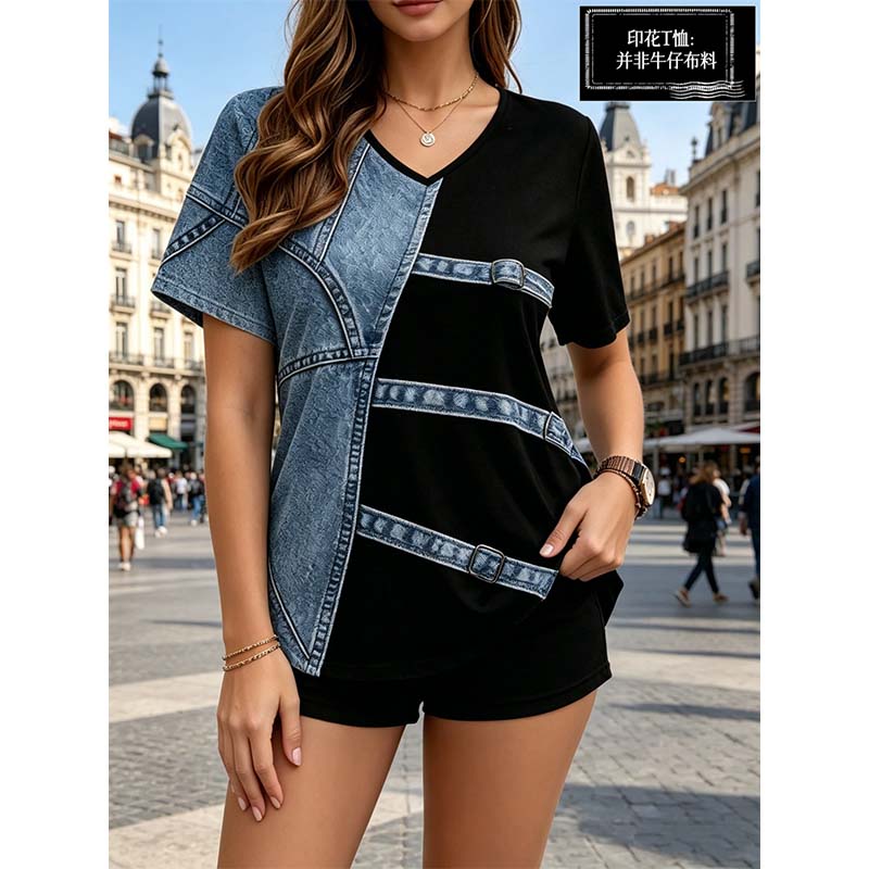 👕 Damen-T-Shirt mit V-Ausschnitt und schickem Denim-Print ✨