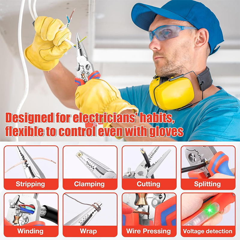 🔧 8-in-1 Elektrikerzange mit Spannungsprüfer ⚡️ | Präzises Abisolieren von 1,0 bis 4,0 mm 📏 | Chrom-Vanadium-Stahl 🛡️ | Rutschfester TPR-Griff ✋