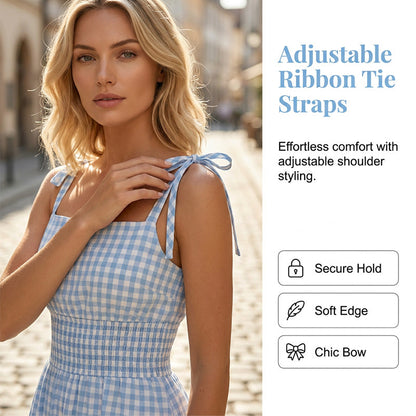 ☀️🔥Damen Retro Gingham Maxikleid mit Smok-Oberteil und Trägern