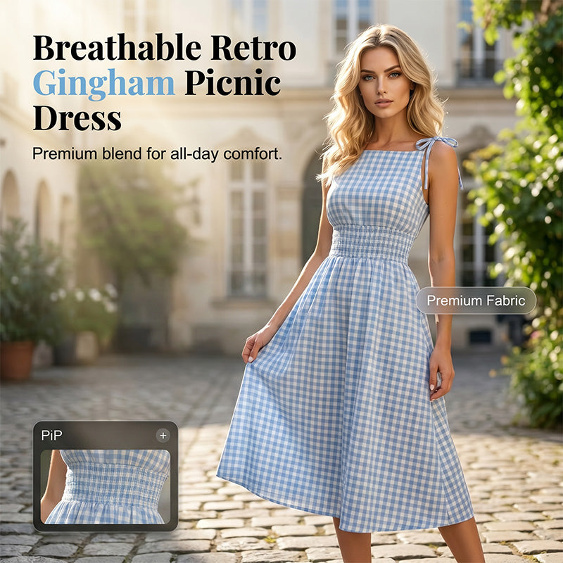 ☀️🔥Damen Retro Gingham Maxikleid mit Smok-Oberteil und Trägern