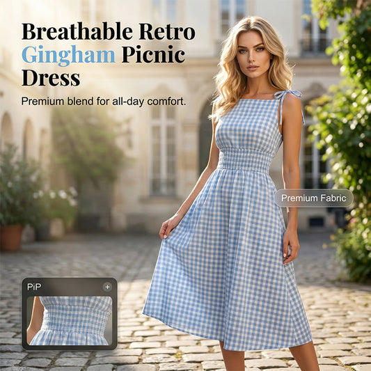 ☀️🔥Damen Retro Gingham Maxikleid mit Smok-Oberteil und Trägern