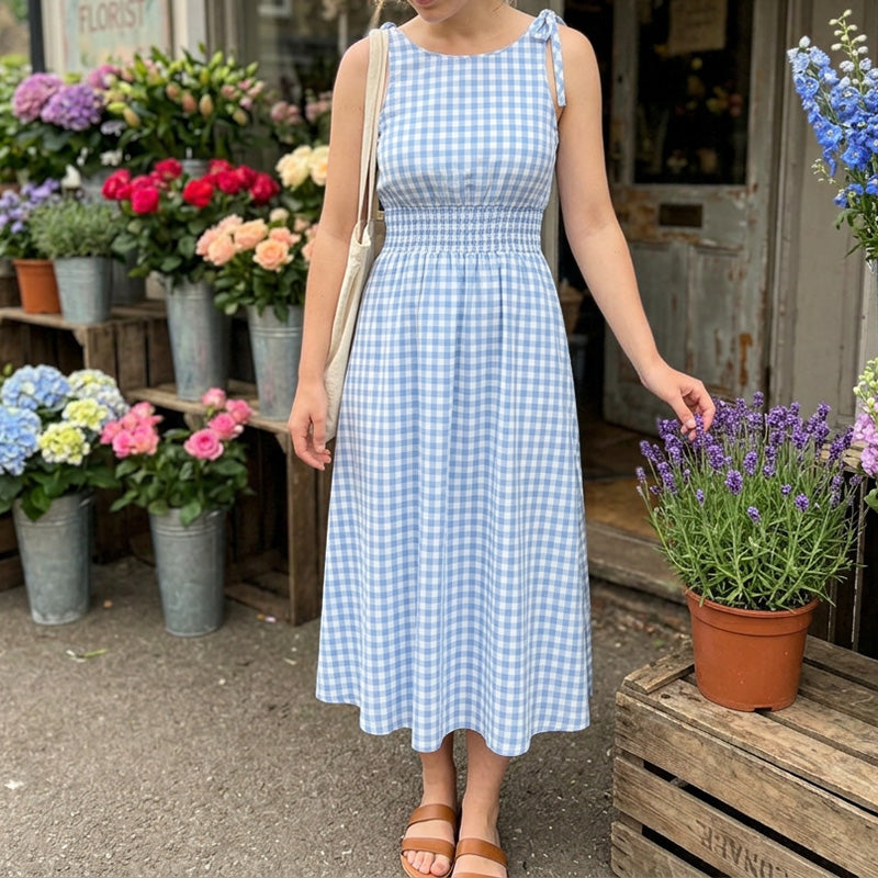 ☀️🔥Damen Retro Gingham Maxikleid mit Smok-Oberteil und Trägern