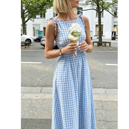 ☀️🔥Damen Retro Gingham Maxikleid mit Smok-Oberteil und Trägern