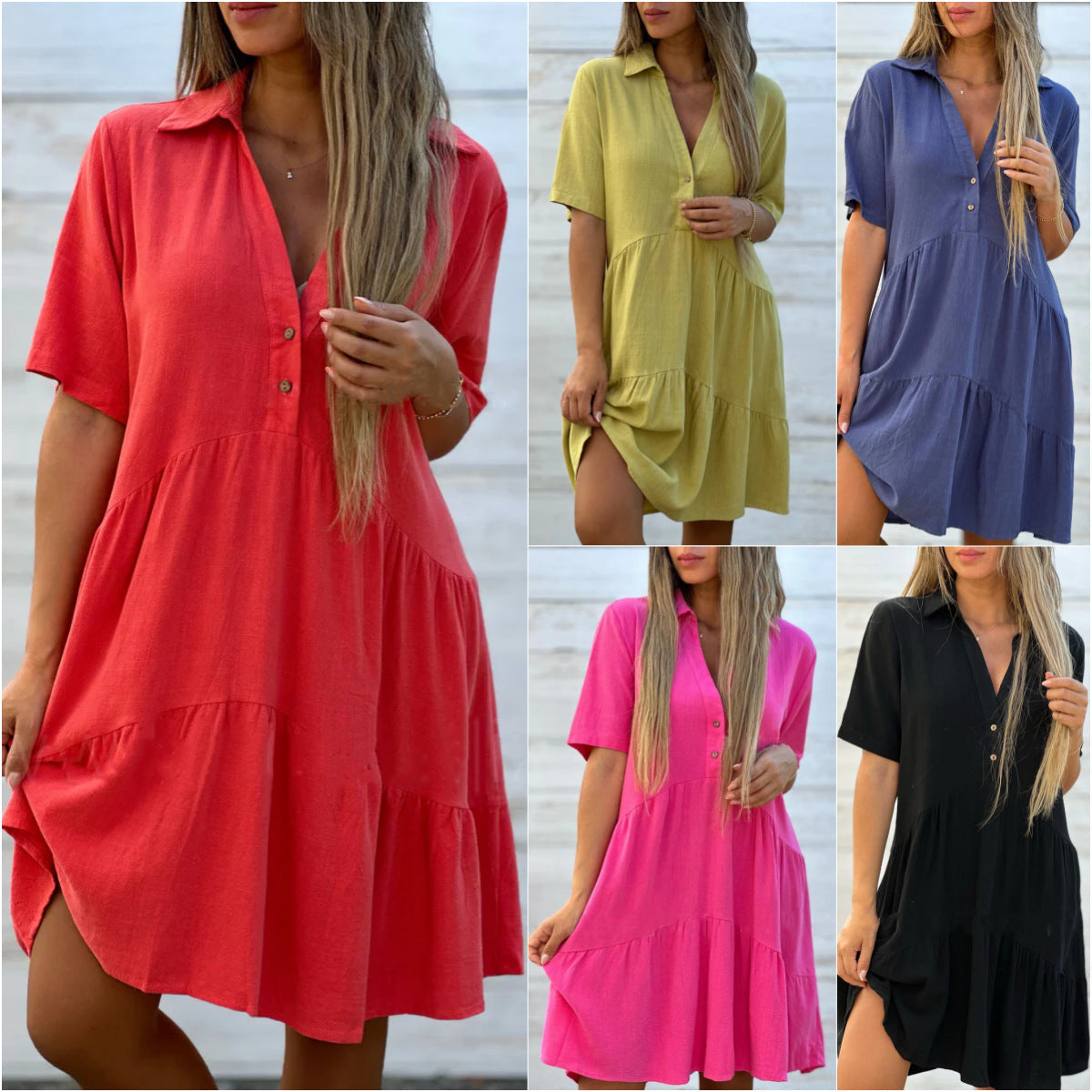 💝Einfarbiges Komfort-Revers-Knopfkleid