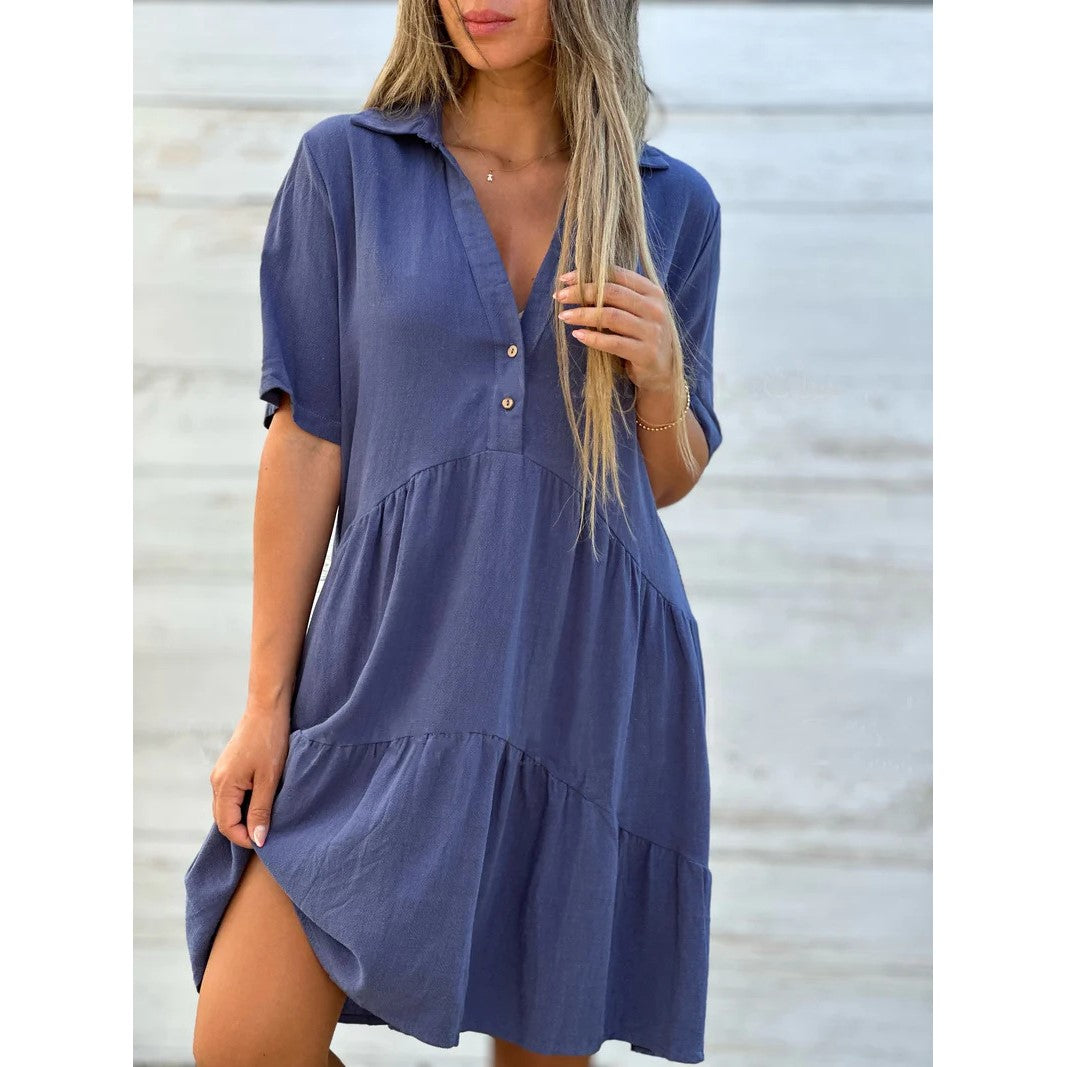 💝Einfarbiges Komfort-Revers-Knopfkleid