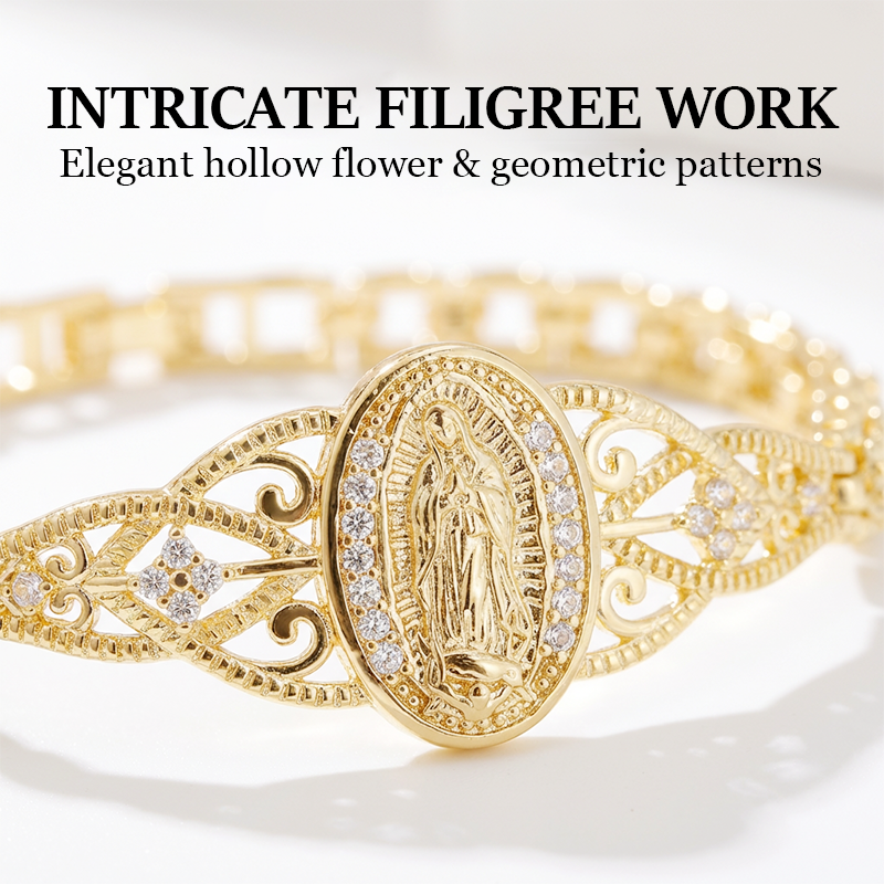 💛Goldene Maria Armband💫 Geometrisches Design 🌸 Filigran Blumenmuster ⛓️ Elegantes Kettenband für Damen