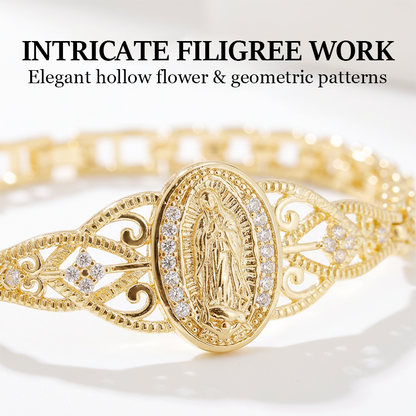 💛Goldene Maria Armband💫 Geometrisches Design 🌸 Filigran Blumenmuster ⛓️ Elegantes Kettenband für Damen