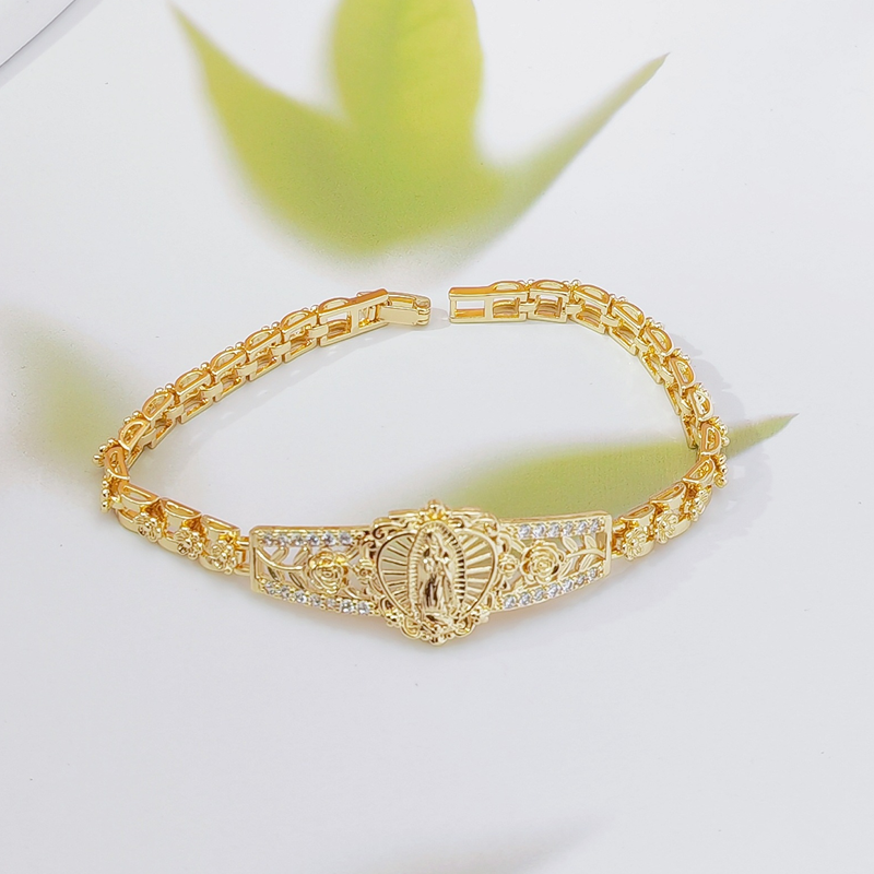 💛Goldene Maria Armband💫 Geometrisches Design 🌸 Filigran Blumenmuster ⛓️ Elegantes Kettenband für Damen