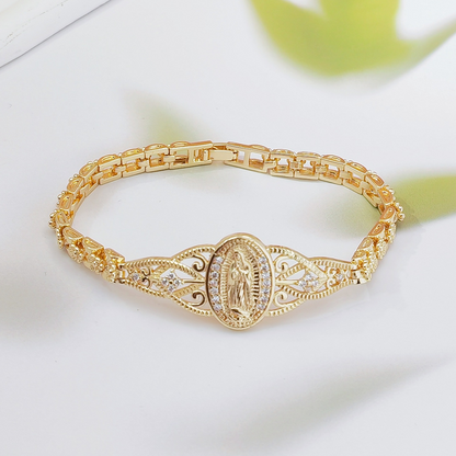 💛Goldene Maria Armband💫 Geometrisches Design 🌸 Filigran Blumenmuster ⛓️ Elegantes Kettenband für Damen