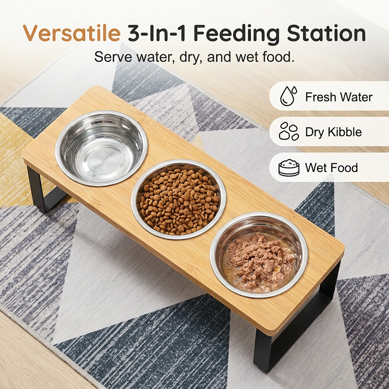 🐱🐶Erhöhter Holz-Futterständer für Katzen & Hunde – mit 2 Schalen, kippsicher & rückenschonend, ideal für eine gesunde Futterposition 🐾