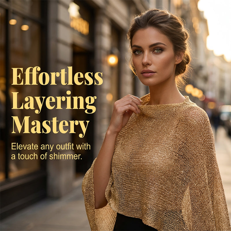 🎁 LETZTER TAG ANGEBOT! Eleganter durchbrochener Strick Poncho – Fließender Schnitt, edler Glanz als Ergänzung zu Kleid & Top