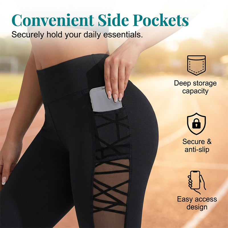 🧘‍♀️💨🩰🏋️Damen Atmungsaktive Mesh-Einsatz Yoga-Leggings – Luftige Mesh-Einsätze, Schweißableitend für Workout & Alltag